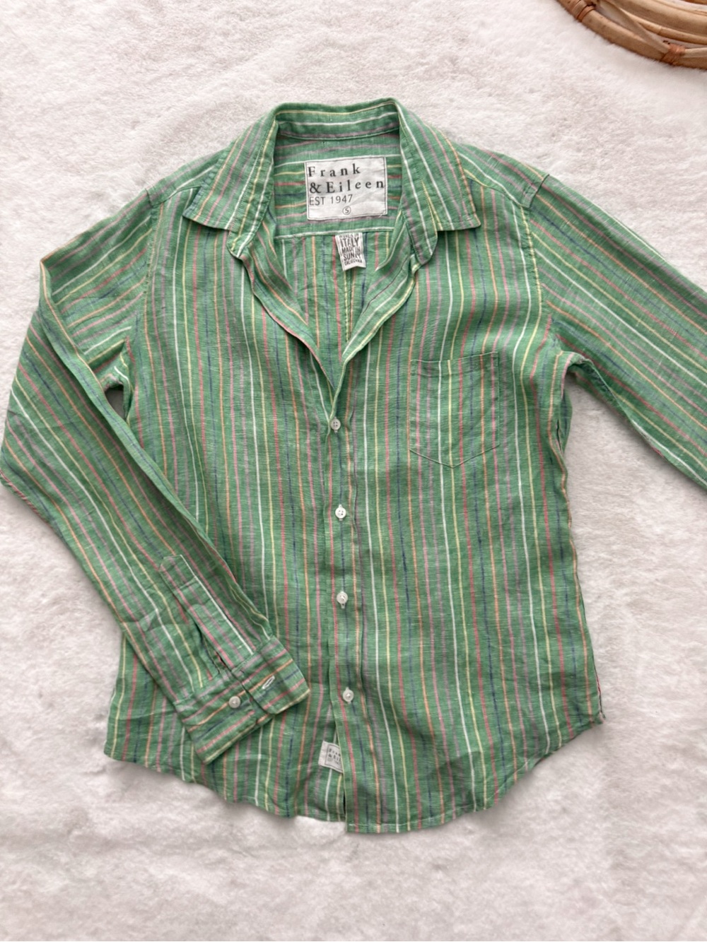 Frank & Eileen Eileen Relaxed Button-Up Shirt Green Multi Stripe Linen - Picture 6 of 12